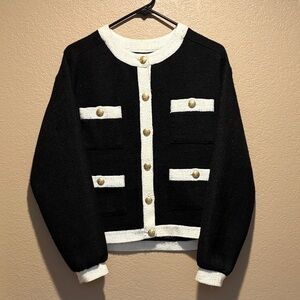 Anthropologie Black & White Contrast Tweed Cardigan with Gold Buttons Sz S